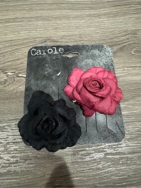 Carole Black and Dark Pink Rose Floral Hair Pin Set - New